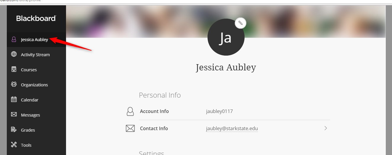 Log into Blackboard and click on your name which is listed on the menu on the left side.