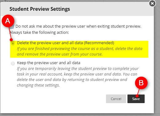 When you exit Student Preview you will have a choice to keep your preview data or have it deleted. You will use the default choice: Delete the preview user and all data (Recommended) and click Continue.