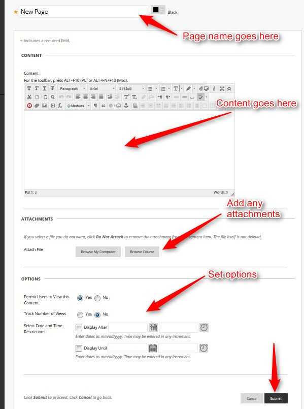 Name your page, put your information in the content box, attach any desired files, set any options you desire and click on the Submit button.