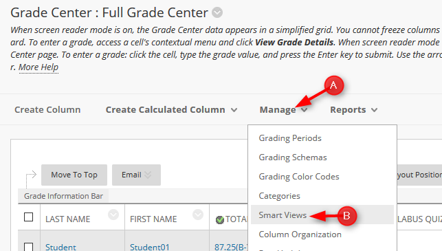 n the Grade Center, roll your mouse over Manage and click Smart Views.
