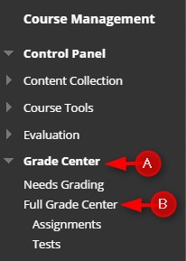 In the Control Panel click Grade Center and then Full Grade Center.