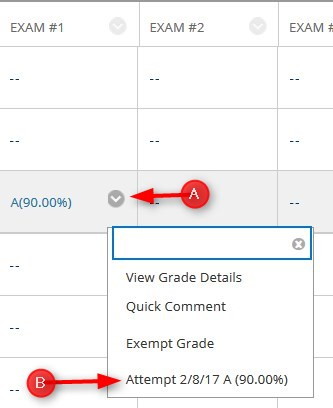 1. Go to the Full Grade Center, Click the down arrow by the student’s grade and then click Attempt. 