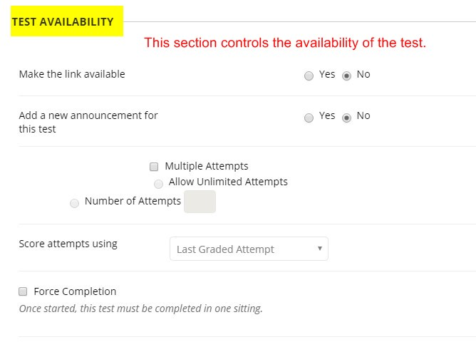 Set the Test Availability options