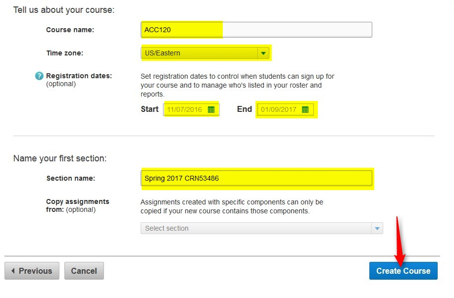 Enter the information required and click on Create Course.