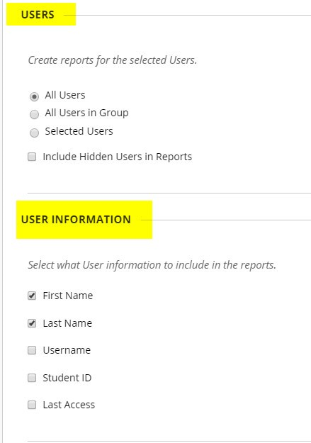 Select the Users and User Information to display on the Grade Report. 