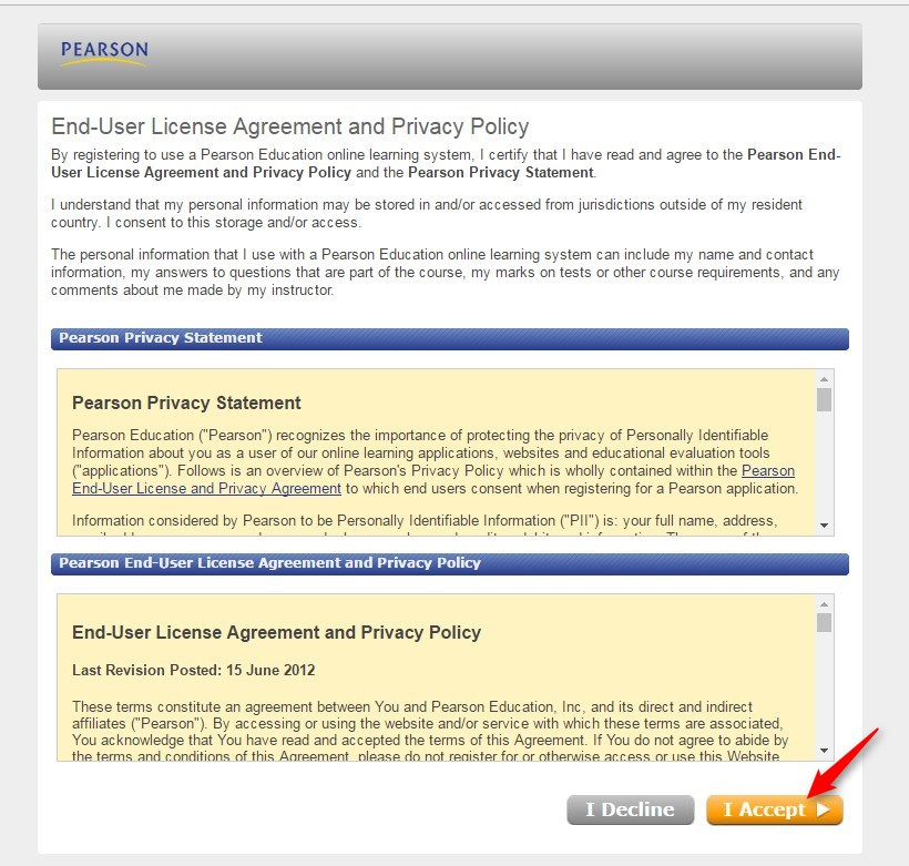 The End-User License Agreement will open in a new tab. Review the agreement and then click on I Accept.