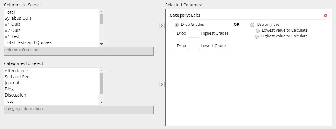 You can total the grades based on specific criteria or use all grades. If you want to use all grades in this category, you do not have to do anything in the Selected Columns field.