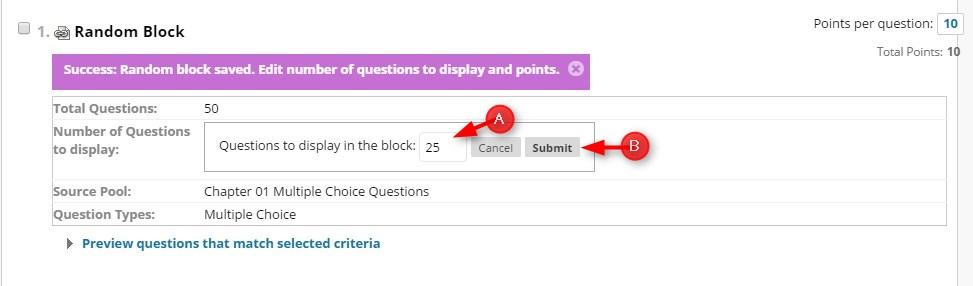 Type in the number of questions you want to display in the block and then click submit