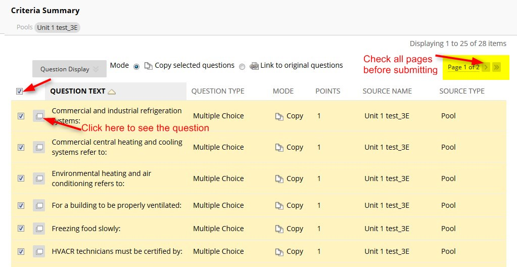 Select all questions or individual questions. Don’t forget to check each page of the test pool to get all the questions.