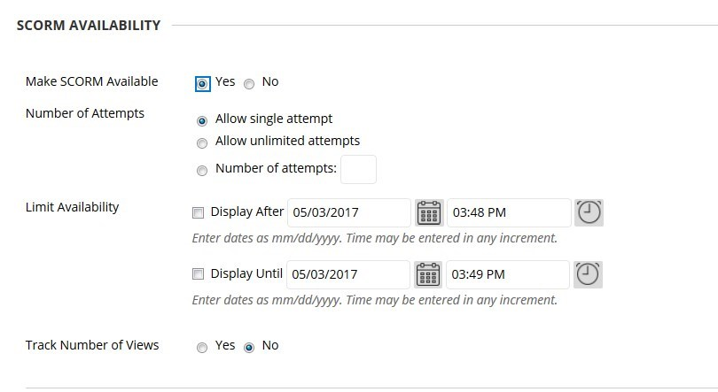 Select the appropriate options for the SCORM AVAILABILITY