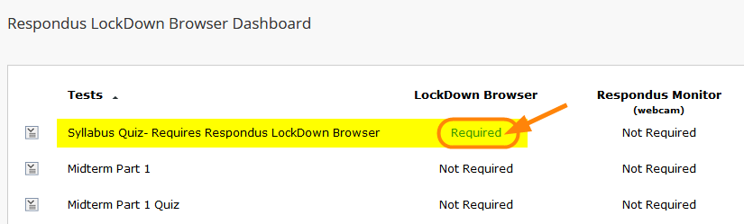 This changes the Test in the dashboard to “Required” under the LockDown Browser column.