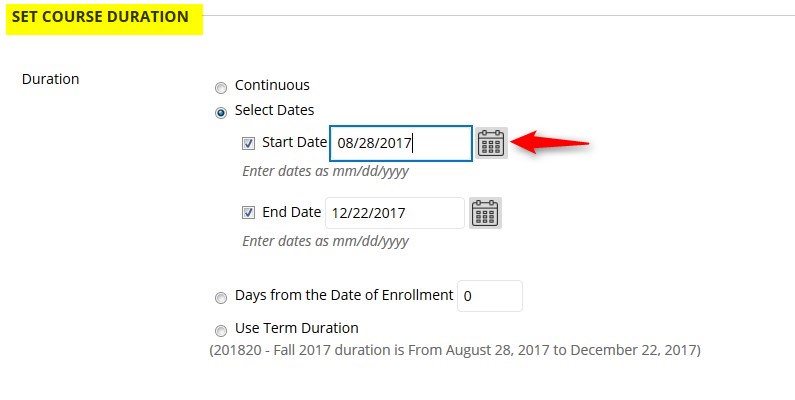 Scroll down until you see Set Course Duration. You can click on the calendar and change your start date.