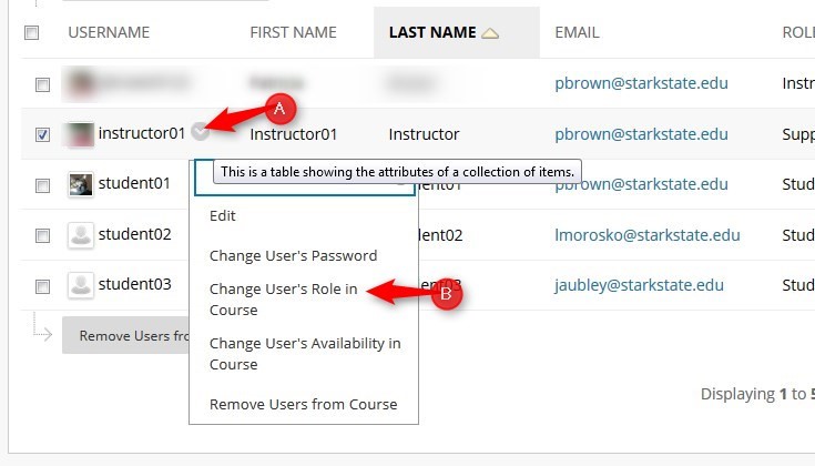 lick the down arrow next to the faculty member you want to remove, click Change User’s Role in Course. You must first make them a student and then remove them.