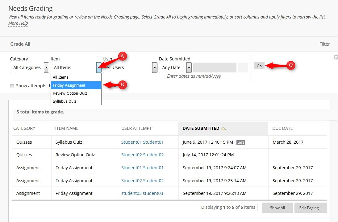 You can sort your list by category, item, user, or date submitted. Select the item and click Go.
