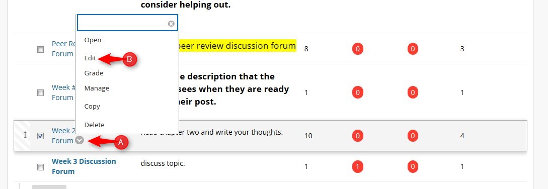 Click the down arrow by the discussion forum and then edit