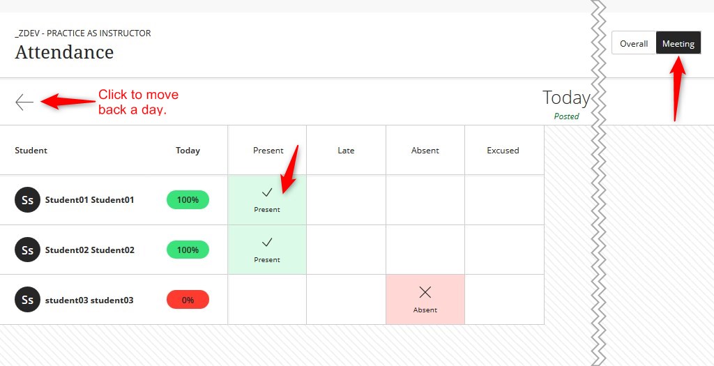 To track attendance, click Meeting and then click the appropriate column. Points will be given to the students in the gradebook based on their attendance.