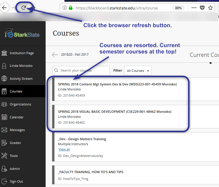 Refresh the browser and the courses will be resorted