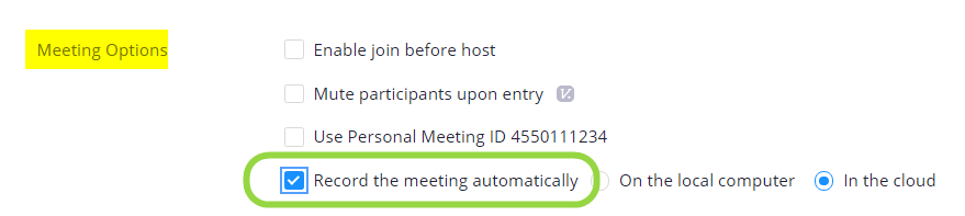 Here are the meeting options. Choose Record the meeting automatically.