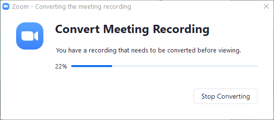 Screen showing that the meeting is being converted to an .mp4 file.