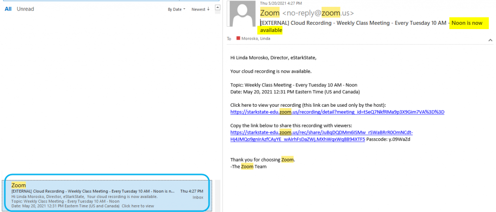 Image showing the email received when the recording is available in the cloud.