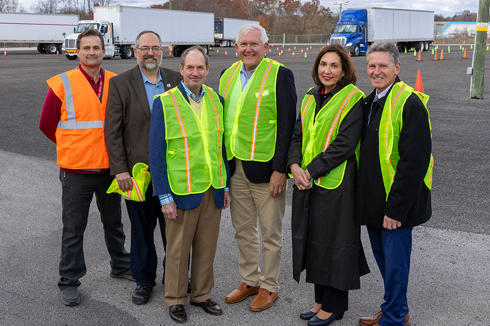 Pictured from left: Eric Evans, CDL Training Manager, Stark State College; Mike Conway, Department Chair, Automotive, Transportation, and CDL Technology Division, Stark State College; Jim Staley, GAR Distribution Committee Chair and retired Chief Executive Officer, Roadway; Brad Schroeder, GAR Distribution Committee Member and Chief Executive Officer, ACRT Services, Inc.; Para Jones, President, Stark State College; and Lindsey Loftus, Vice President of Advancement, Stark State College.
