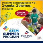 STEM summer program graphic and logo, 2 weeks, 2 themes for students entering grades 7-9