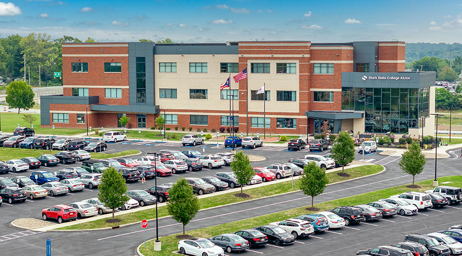 SSC Akron aerial photo, drone photo, building and cars in parking lot