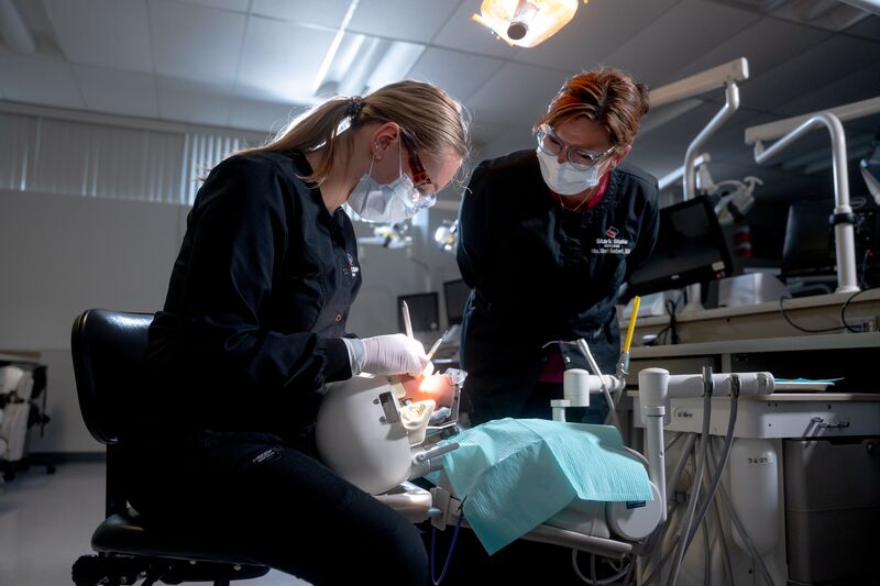 Female dental hygiene student working on simulator as instructor is looking on