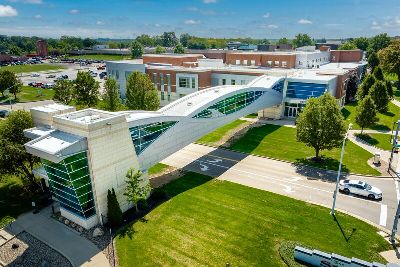 Stark State main campus drone photo of walking bridge